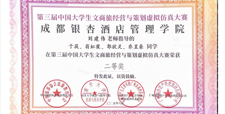第三届中国大学生文商旅经营与策划虚拟仿真大赛全国二等奖